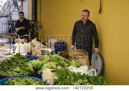 Istanbul Turkey - March 31 2013: Istanbul Balat. Inebolu (Kastamonu) district bazaar. When compared to other pazar (markets) Kastamonu can seem a little challenging. Like others this market sets up shop on a small street once a week every Sunday in Balat.