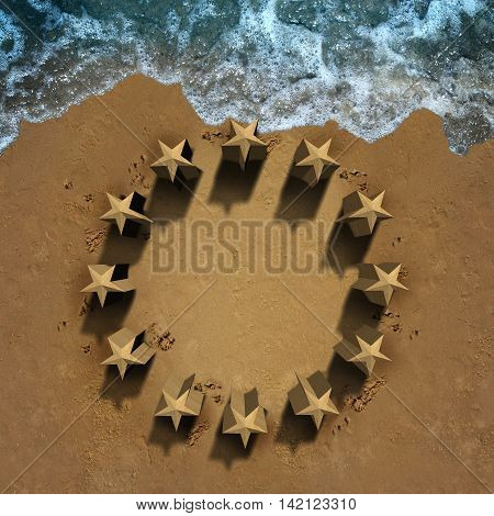 European union crisis and unity problems with beach sand shaped as the stars of the Europe flag eroding the economic and political structure causing membership stress as symbols for Greece Italy Spain Germany France and Britain brexit with 3D illustration
