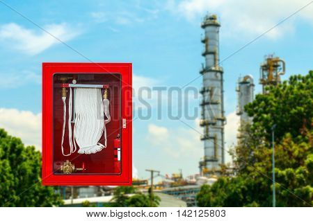Fire safety equipment cabinet line industrial background.