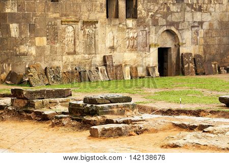 Sacred place at ancient monastery Tatev in the mountains of Armenia. Was founded in year 906. 