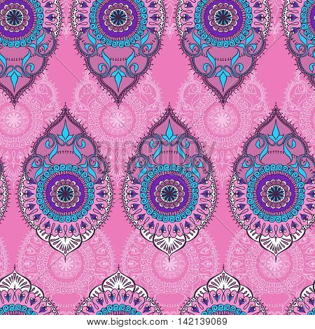 Seamless pattern with hand drawn floral ornament and mandala elements. Vector illustration.
