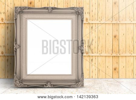 Blank Pale Brwon Vintage Frame On Marble Floor And Plank Wooden Wall,template Mock Up For Adding You
