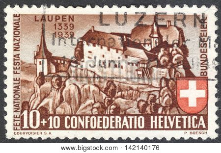 MOSCOW RUSSIA - CIRCA APRIL 2016: a post stamp printed in SWITZERLAND devoted to the 600th Anniversary of the Battle of Laupen circa 1939