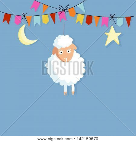 Eid al Adha. Hand drawn sheep with party flags moon and star. Vector illustration backgroud for Muslim holiday of sacrifice. Flat design.