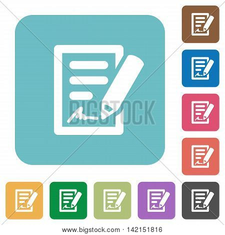 Flat signing contract icons on rounded square color backgrounds.