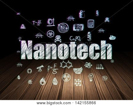 Science concept: Glowing text Nanotech,  Hand Drawn Science Icons in grunge dark room with Wooden Floor, black background