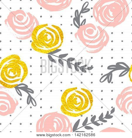 Seamless pattern with pink and gold flowers and gray leaves. Beautiful stylish background for your design. Vector illustration.