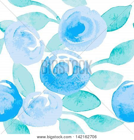 Seamless background with blue roses and leaves. Beautiful stylish background for your design. Vector illustration.