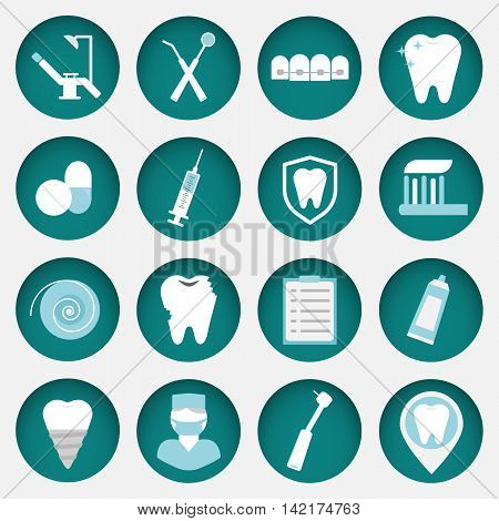 Dental blue flat vector icons for your website, business cards, brochures in the form of a circle