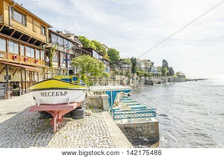 NESSEBAR, SUNNY BEACH, BULGARIA - MAY 2: Cozy street on the banks of the old tourist town, on May 2, 2016 in Nessebar, Sunny Beach, Bulgaria.