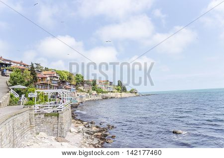 NESSEBAR, SUNNY BEACH, BULGARIA - MAY 8: Cozy street on the banks of the old tourist town, on May 8, 2016 in Nessebar, Sunny Beach, Bulgaria.