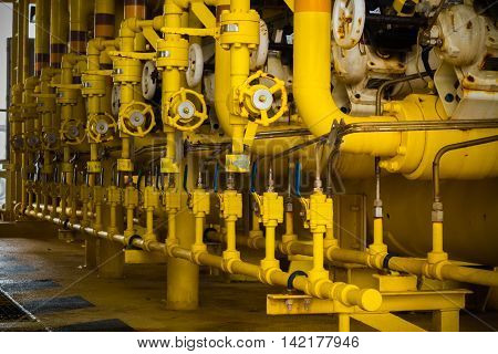 Valves manual in the production process. Production process used manual valve to control the system Operator open and close or function the valve for controlled pressure or gas and oil flow rate.