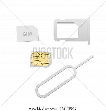 Small Nano Sim Card Sim Card Tray and Eject Pin for Smartphone. Vector objects isolated on white. Realistic vector icons. Top view