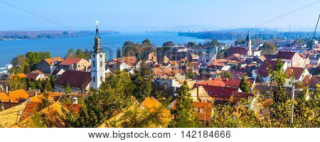 Panoramic view of Zemun, with church tower in Belgrade, Republic of Serbia