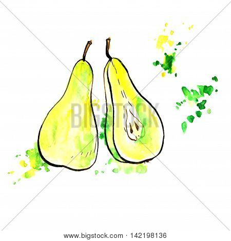 hand drawn green and yellow pears, half and whole, ink and watercolor drawing fruit with paint stains