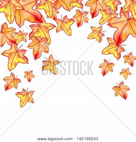 background with autumn watercolor orange and yellow leaves , nature template, foral frame, hand drawn design elements