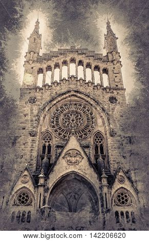 The church of Sant Bartomeu, Saint Bartholomew, in Soller, Majorca, Spain. Beautiful gothic cathedral in Spain. Vintage painting, background illustration, beautiful picture, travel texture