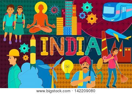 vector illustration of collage displaying progress and development of India