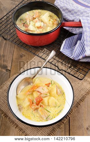 cullen skink typical scottish food with smoked haddock potato onion and chive in a bowl