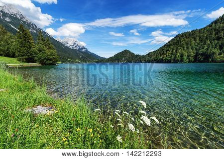 Idyllic view of mountain lake. Hintersteiner Lake Tyrol Austria.