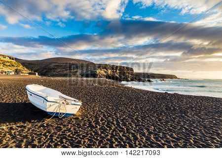 Boat During Sunset On The Ajuy Beach - Ajuy Fuerteventura Canary Islands Spain Europe