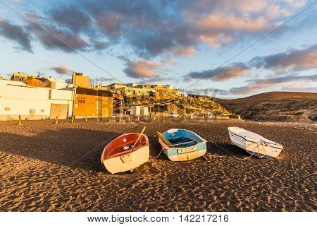 Boats During Sunset On The Ajuy Beach - Ajuy Fuerteventura Canary Islands Spain Europe