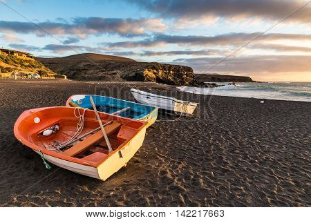 Boats During Sunset On The Ajuy Beach - Ajuy Fuerteventura Canary Islands Spain Europe