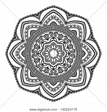 Ethnic Decorative Element Hand Drawn Vector Mandala Black And White, For Coloring Page. Orienta Moti
