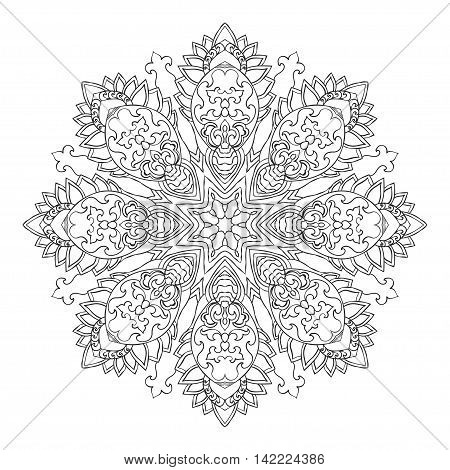Ethnic Decorative Element Hand Drawn Vector Mandala Black And White, For Coloring Page. Orienta Moti