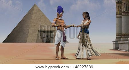 Egyptian Queen Pharaoh Temple 3D Illustration - A Pharaoh talks with his queen near a pyramid and temple in the Old Kingdom of Egypt.