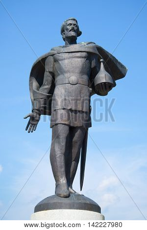 VELIKY NOVGOROD, RUSSIA - JULY 02, 2016: The Sculpture of Alexander Nevsky against the blue sky closeup. Historical landmark of the city Velikiy Novgorod