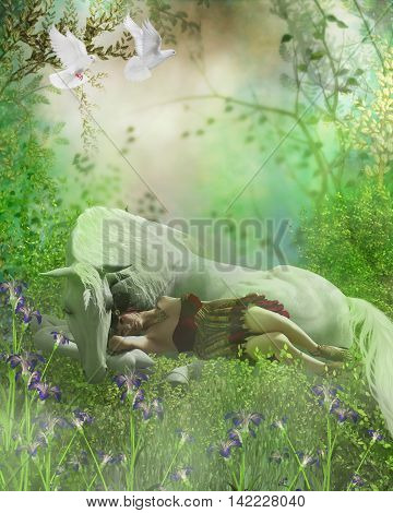 Fairy and White Unicorn 3D Illustration - A forest fairy finds a white unicorn a nice resting place for an afternoon nap as white doves fly over.