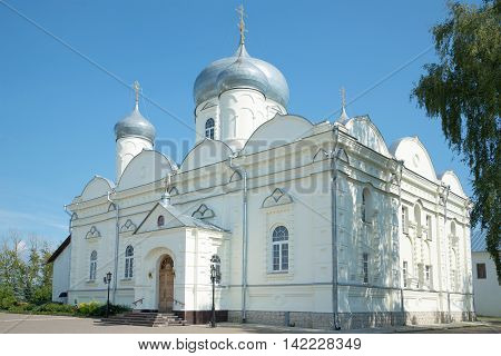 Pokrovsky Cathedral Zverin-Pokrovsky monastery closeup of a Sunny day in July. Veliky Novgorod, Russia