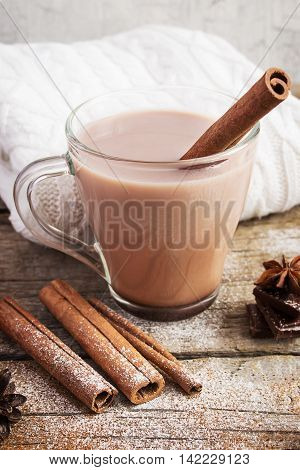 Hot cocoa with cinnamon sticks on white background.