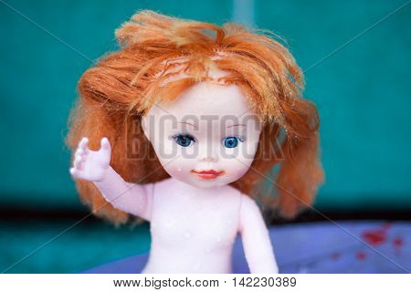 doll thrown in the rain looking for the owner.