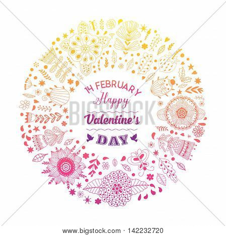 Wreath vector illustration made of flowers and herbs. Vector decorative circle frame. Spring elements. Floral doodles wreath.  Invitation or greeting card design.