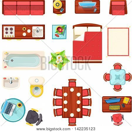 Home furniture top view set with bath table and bed flat isolated vector illustration