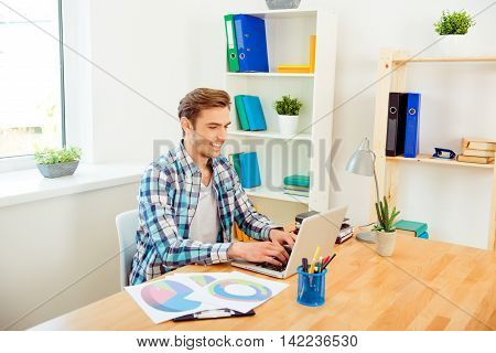 Happy Businessman Preparing Presentation And Working With Diagrama And  Laptop
