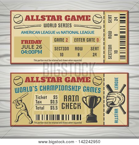 Baseball competitions tickets with player sports outfit and trophy barcode on grey wooden background isolated vector illustration