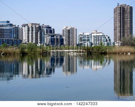 Complex of buildings Humber Bay on bank of the Lake Ontario in Toronto Canada May 24 2016