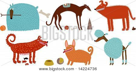 orange-blue vector dogs set