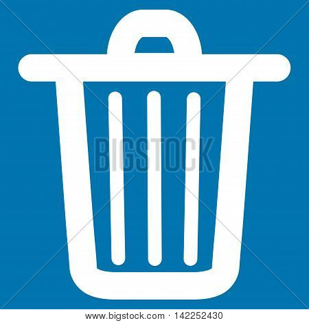Trash Can vector icon. Style is contour flat icon symbol, white color, blue background.