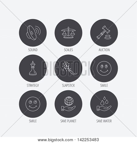 Scales of justice, auction hammer and strategy icons. Save planet and water linear signs. Smile, slapstick icons. Linear icons in circle buttons. Flat web symbols. Vector