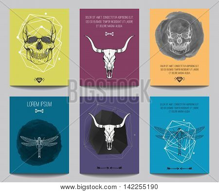 Vector Set Of Modern Posters With Human Skulls, Bull Skulls, Dragonflies, Geometrical Shapes. Trendy