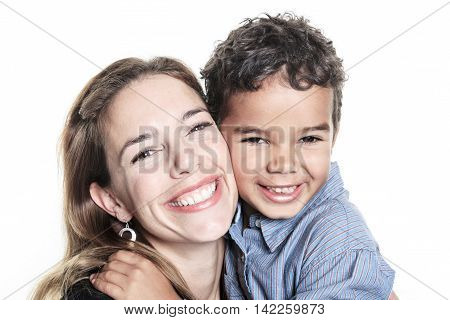 A portrait of happy cheerful African family isolated on white background
