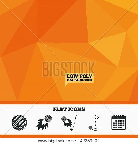 Triangular low poly orange background. Golf ball icons. Fireball with club sign. Luxury sport symbol. Calendar flat icon. Vector