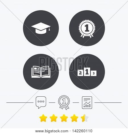 Graduation icons. Graduation student cap sign. Education book symbol. First place award. Winners podium. Chat, award medal and report linear icons. Star vote ranking. Vector