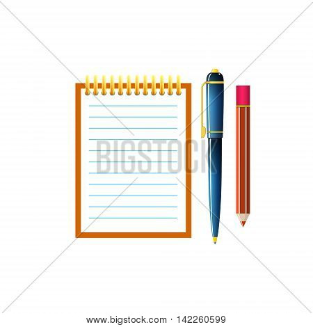 Notebook with a Pen and Pencil ,Jotter Isolated on White Background, Office Equipment ,Vector Illustration