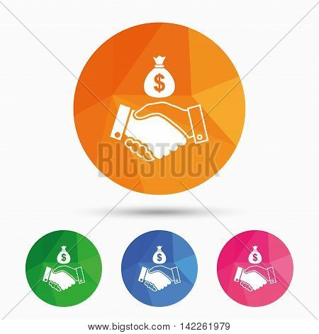 Dollar handshake sign icon. Successful business with money bag symbol. Triangular low poly button with flat icon. Vector