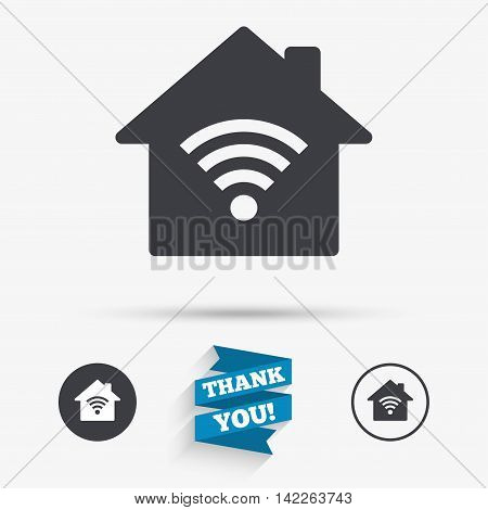 Home Wifi sign. Wi-fi symbol. Wireless Network icon. Wifi zone. Flat icons. Buttons with icons. Thank you ribbon. Vector